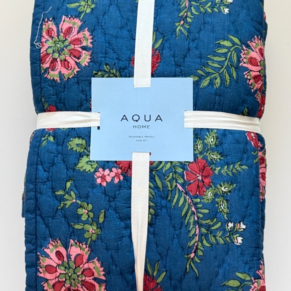 Aqua floral printed reversible king quilt set blue toille floral NEW - Picture 3 of 14